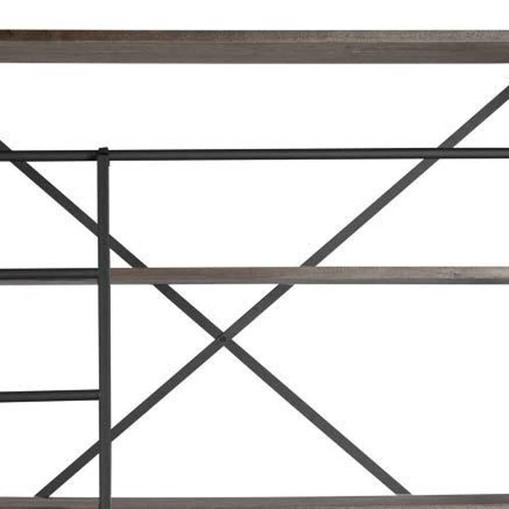 94" Brown Metal and Wood Four Tier Ladder Bookcase