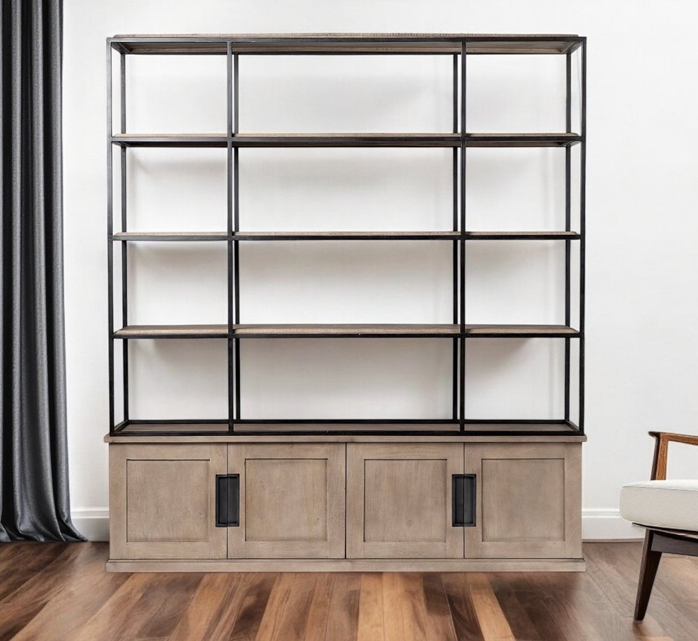 90" Brown Iron and Wood Three Tier Bookcase