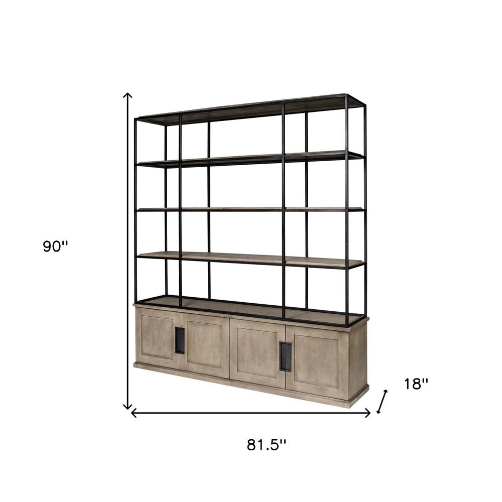 90" Brown Iron and Wood Three Tier Bookcase