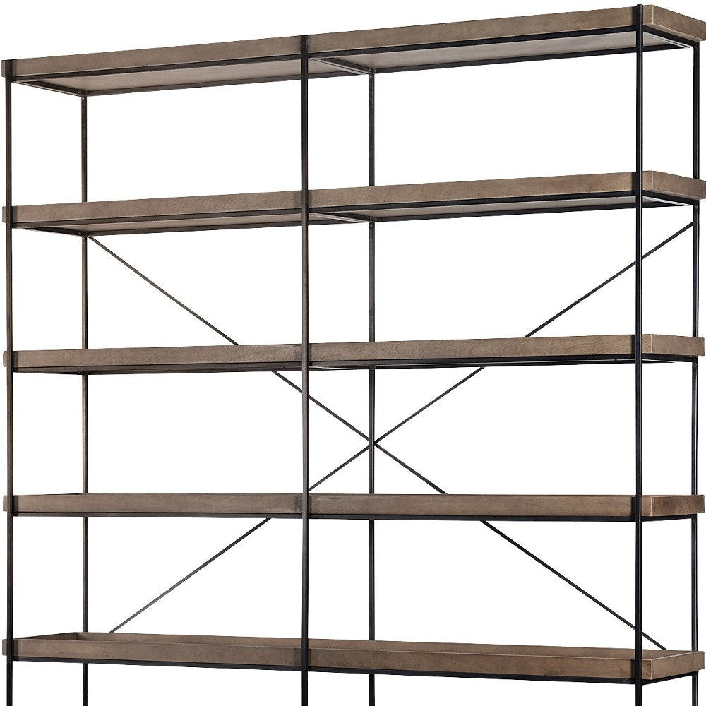 88" Black And Brown Iron and Wood Five Tier Bookcase