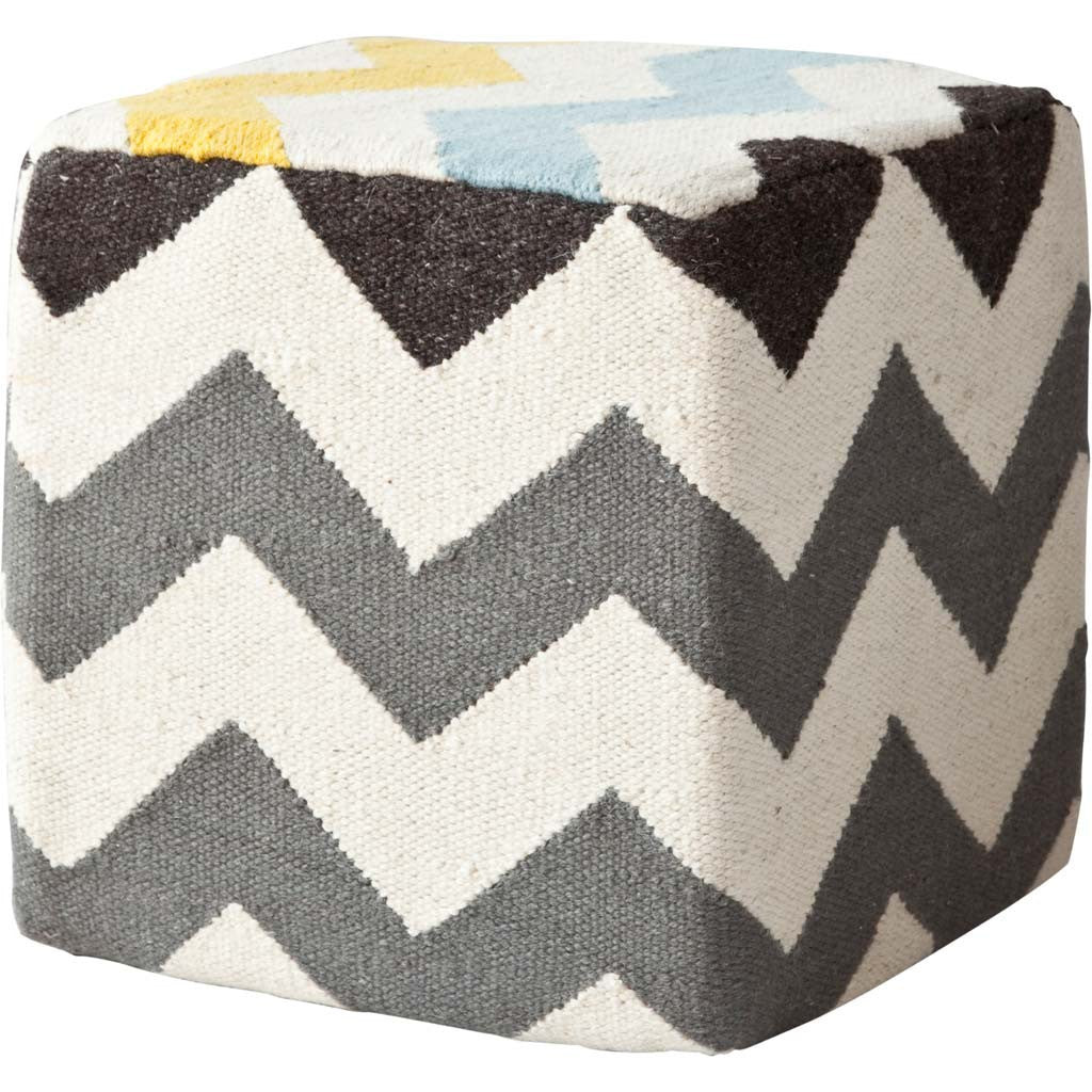 Ivory And Charcoal Wool Square Pouf With Zig Zag Pattern
