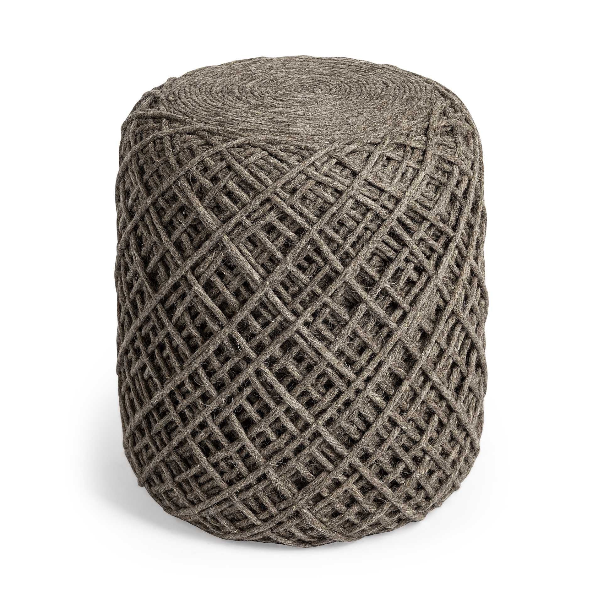 Brown Wool Cylindrical Pouf With Diamond Pattern