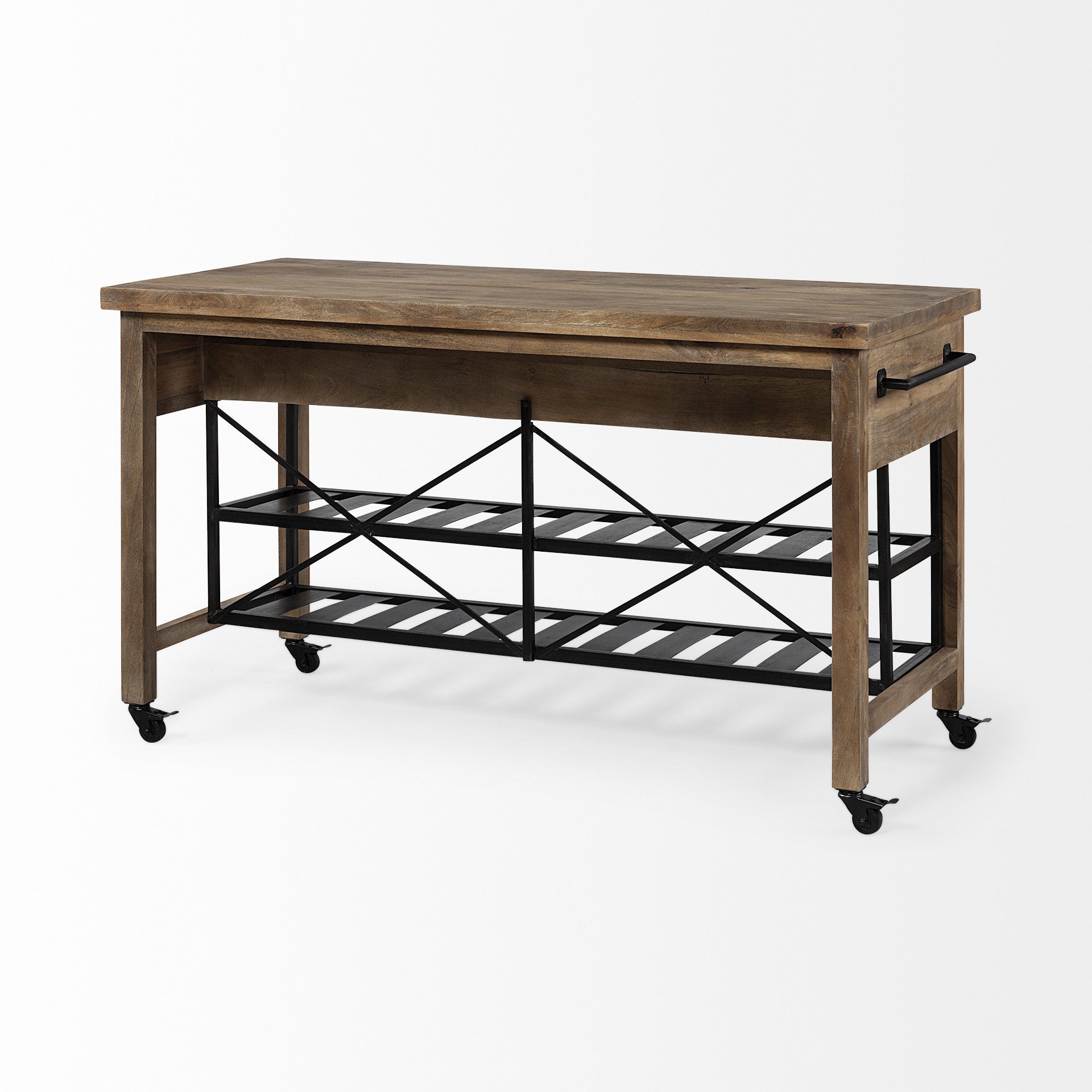 Brown Solid Wood Top Kitchen Island With Two Tier Black Metal Rolling