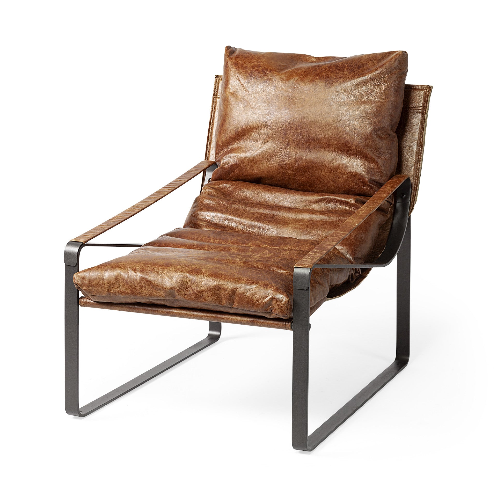 35" Brown and Black Leather Distressed Lounge Chair