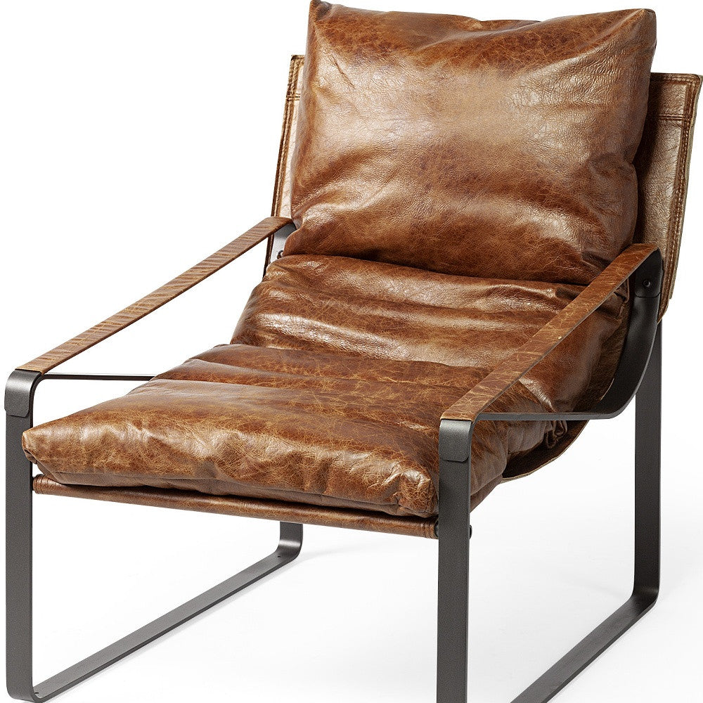 35" Brown and Black Leather Distressed Lounge Chair