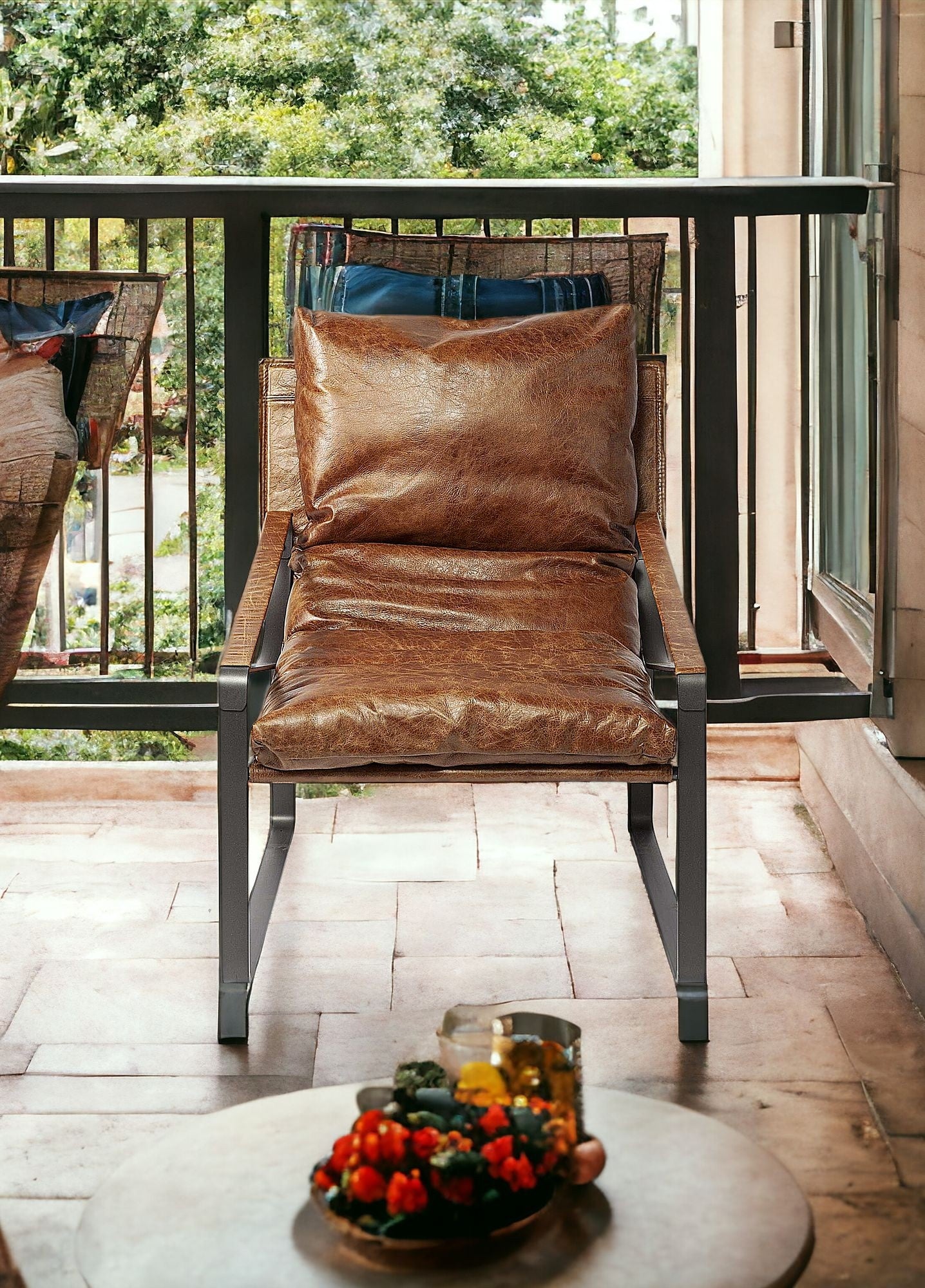 35" Brown and Black Leather Distressed Lounge Chair