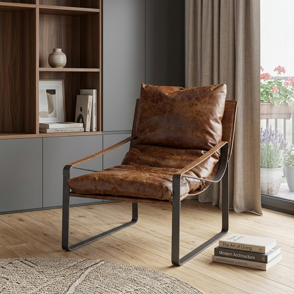 35" Brown and Black Leather Distressed Lounge Chair
