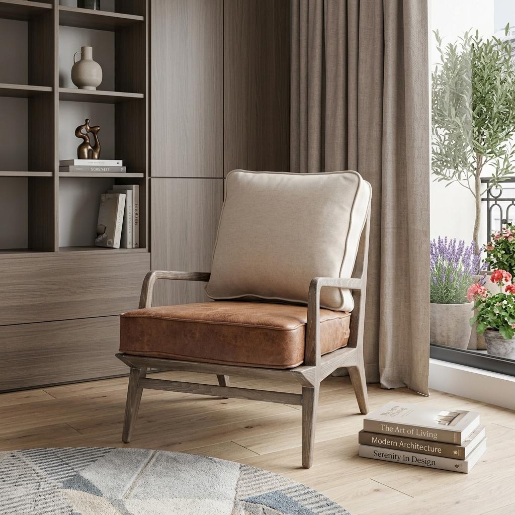 24" Beige and Brown Leather Arm Chair