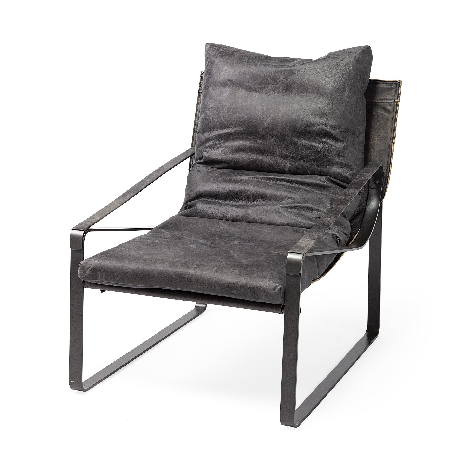 35" Black Leather Distressed Arm Chair