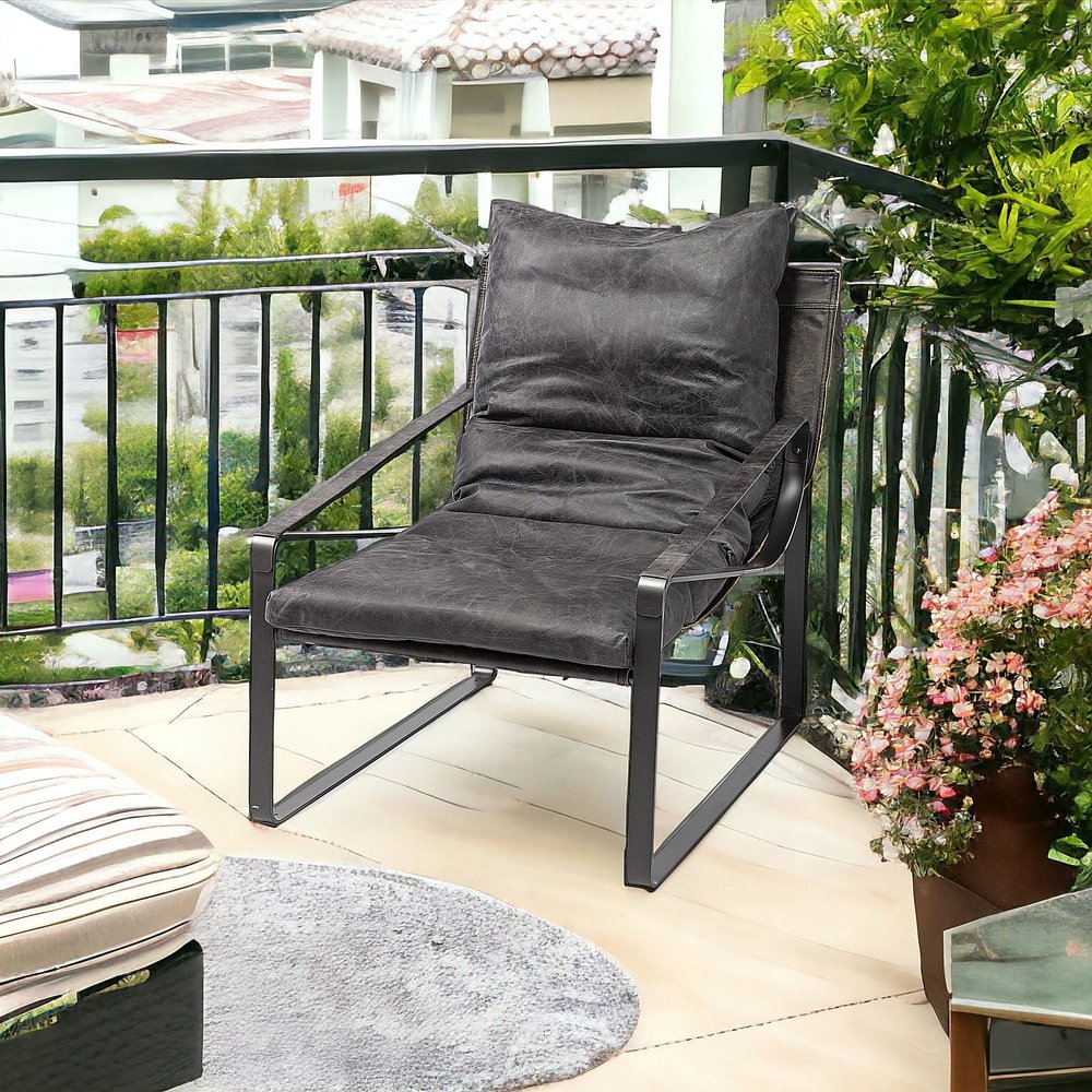35" Black Leather Distressed Arm Chair