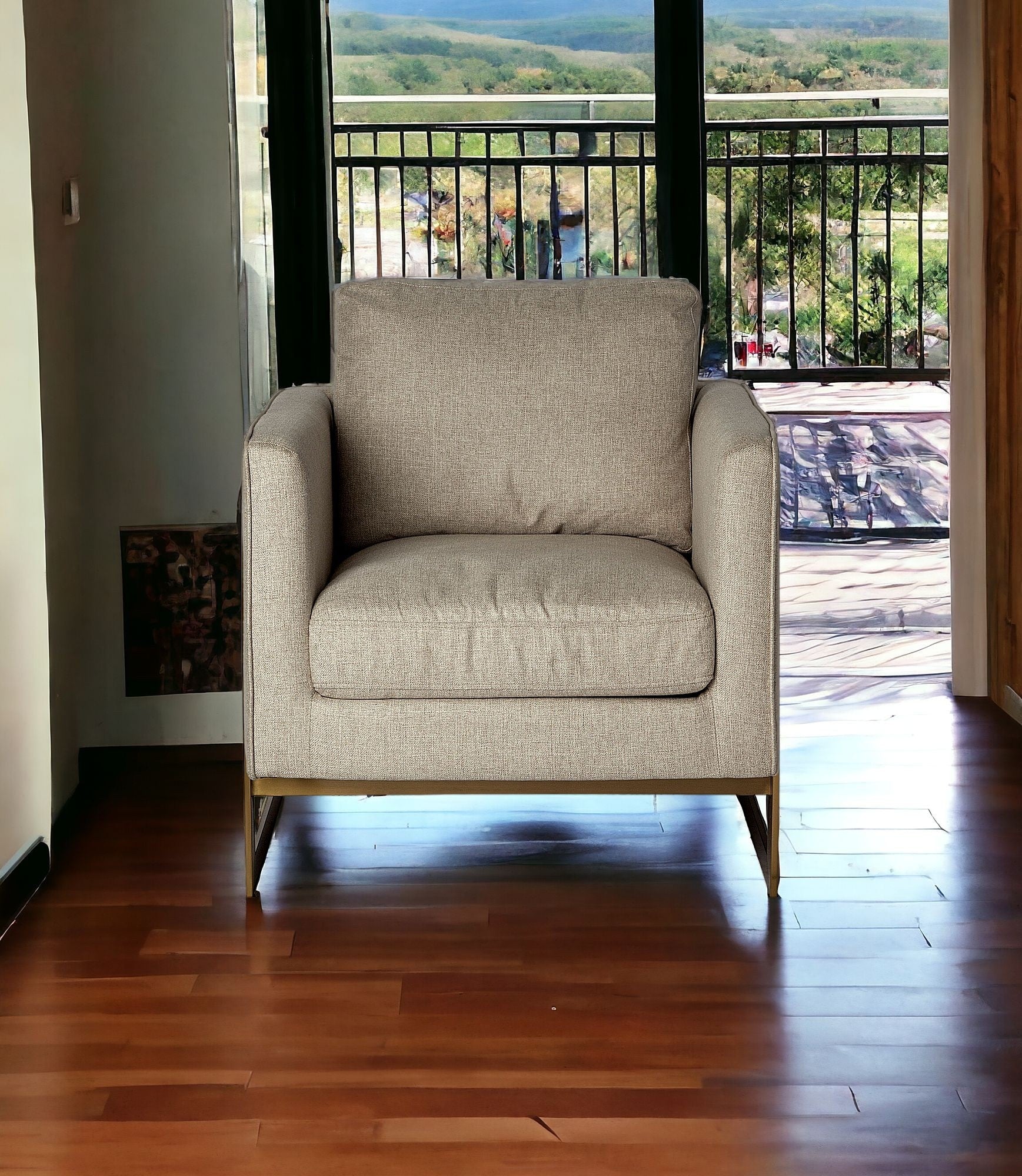 31" Cream And Gold Fabric Arm Chair