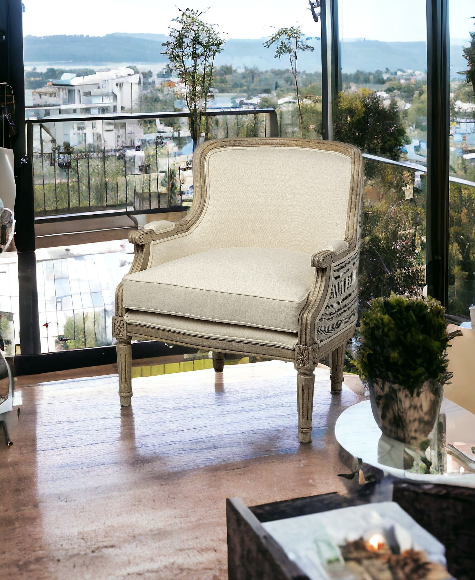 Elizabeth Cream Fabric Seat Accent Chair With Wooden Base Detailed Back