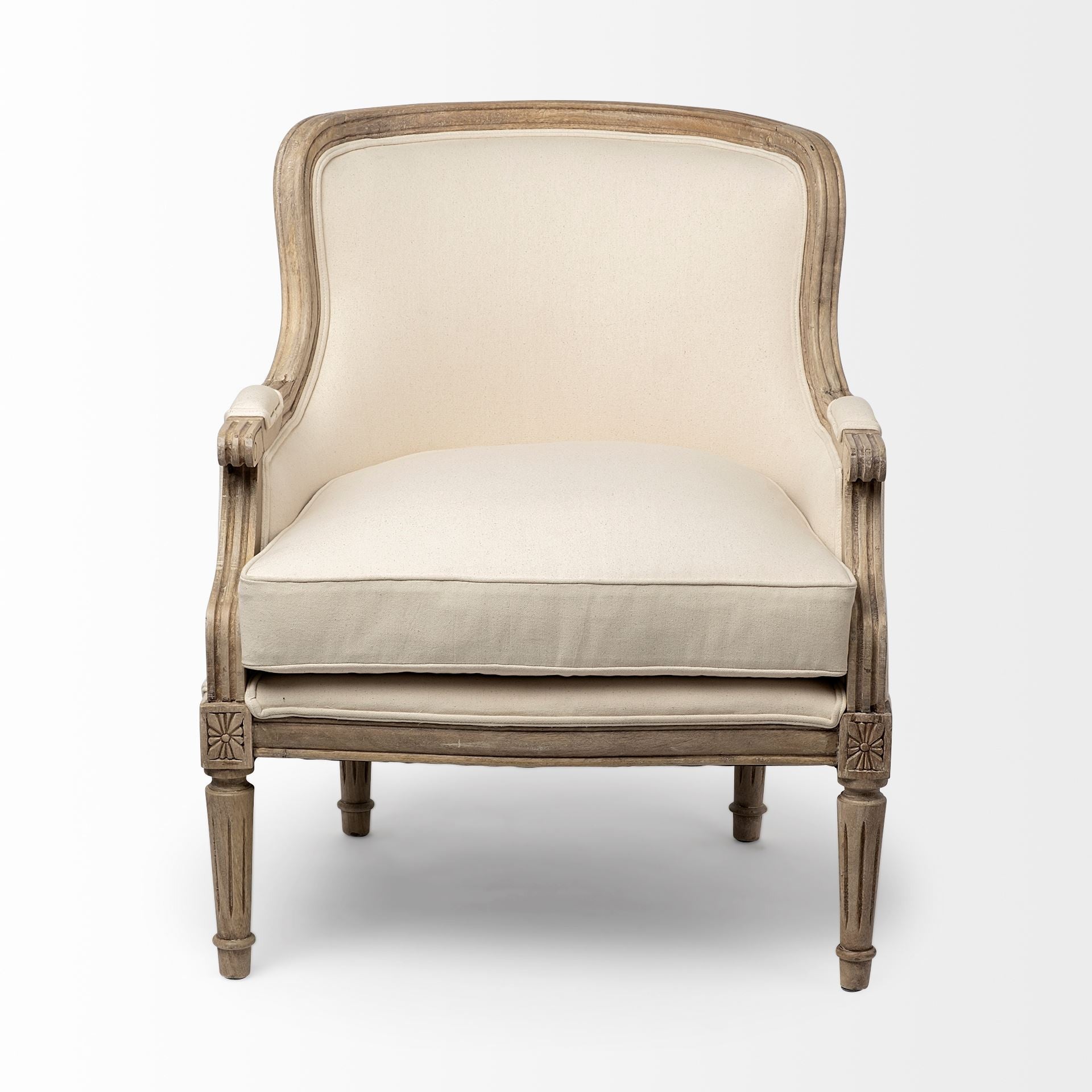 Elizabeth Cream Fabric Seat Accent Chair With Wooden Base Detailed Back
