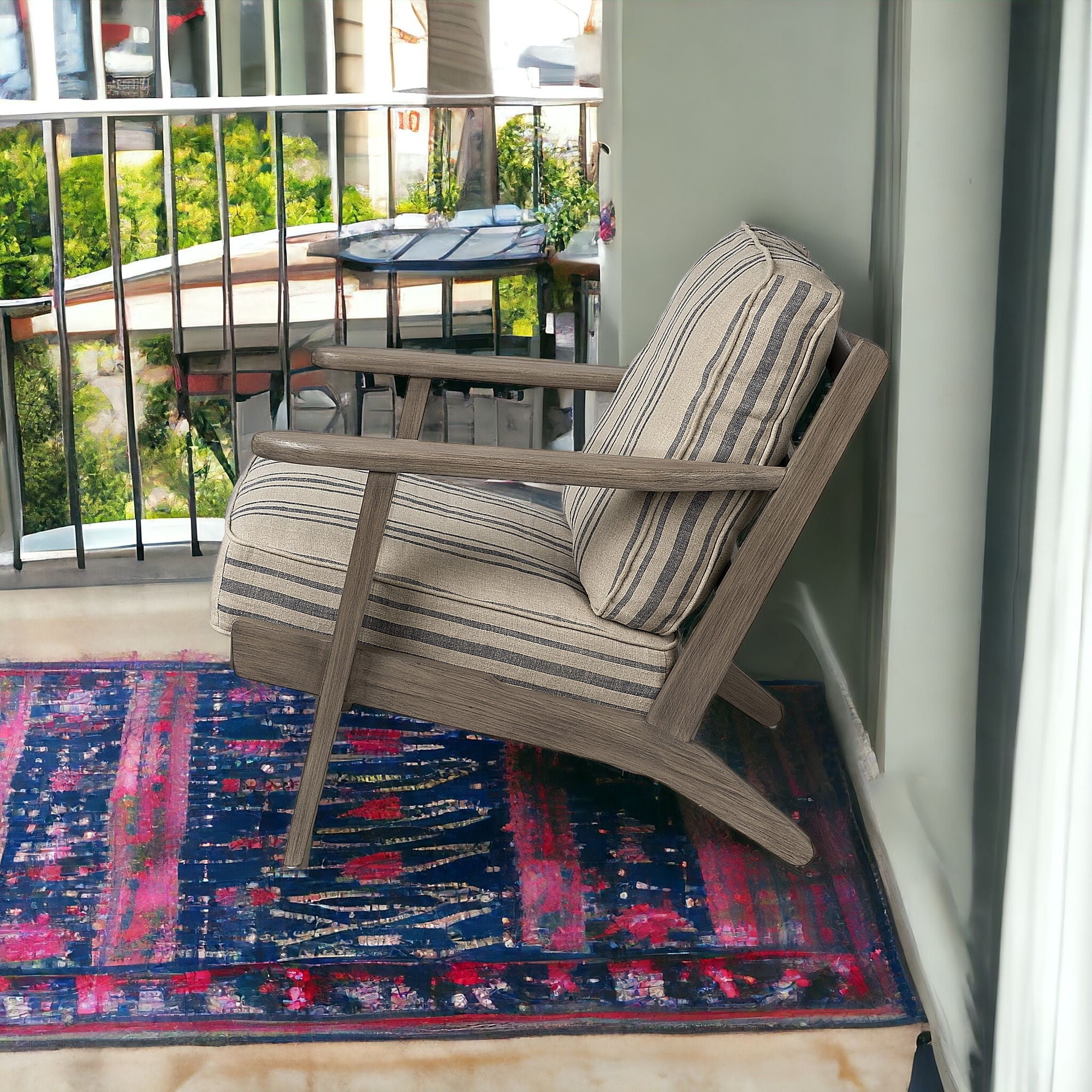 31" Beige Gray and Brown Fabric Striped Lounge Chair