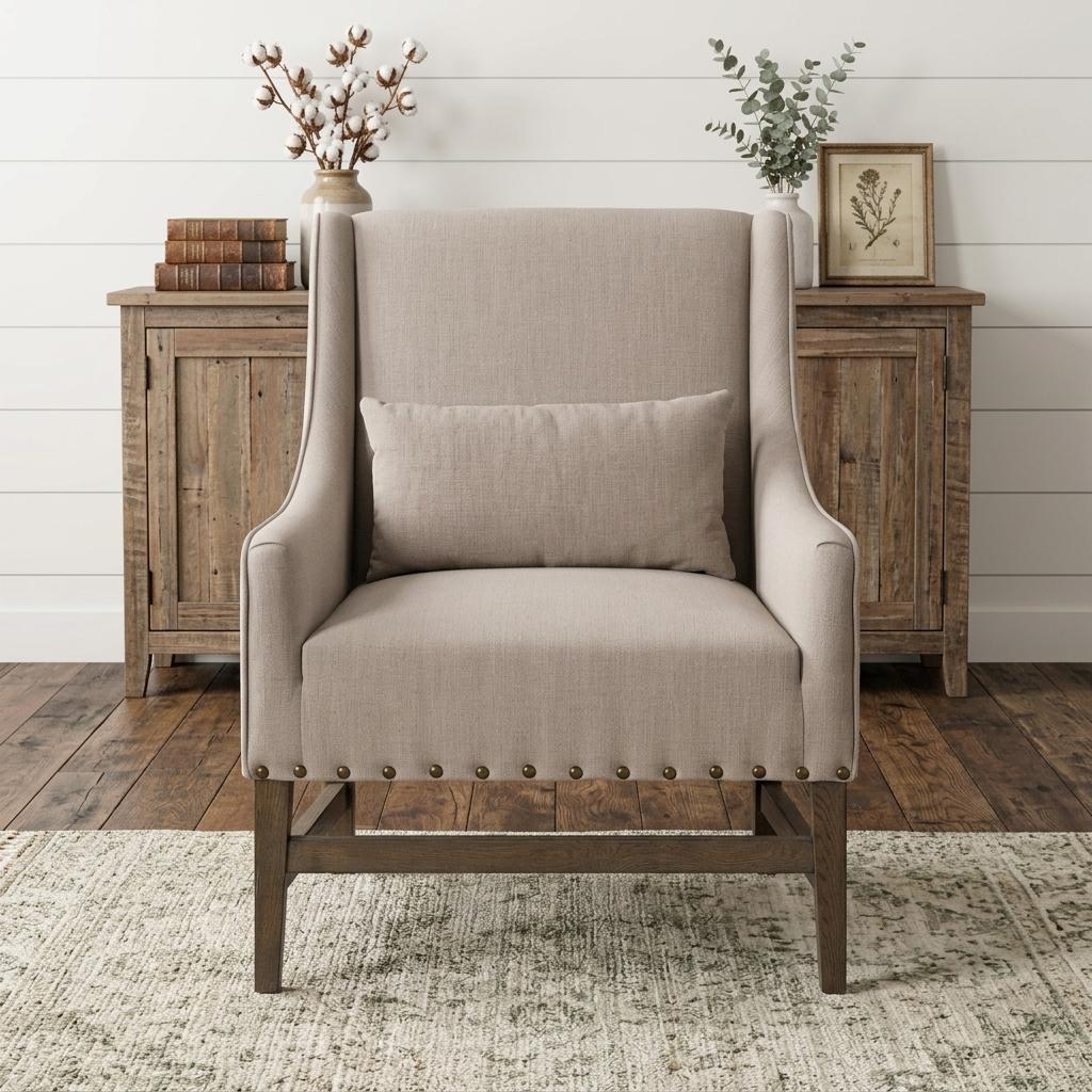 30" Gray and Beige Fabric and Solid Wood Wingback Chair