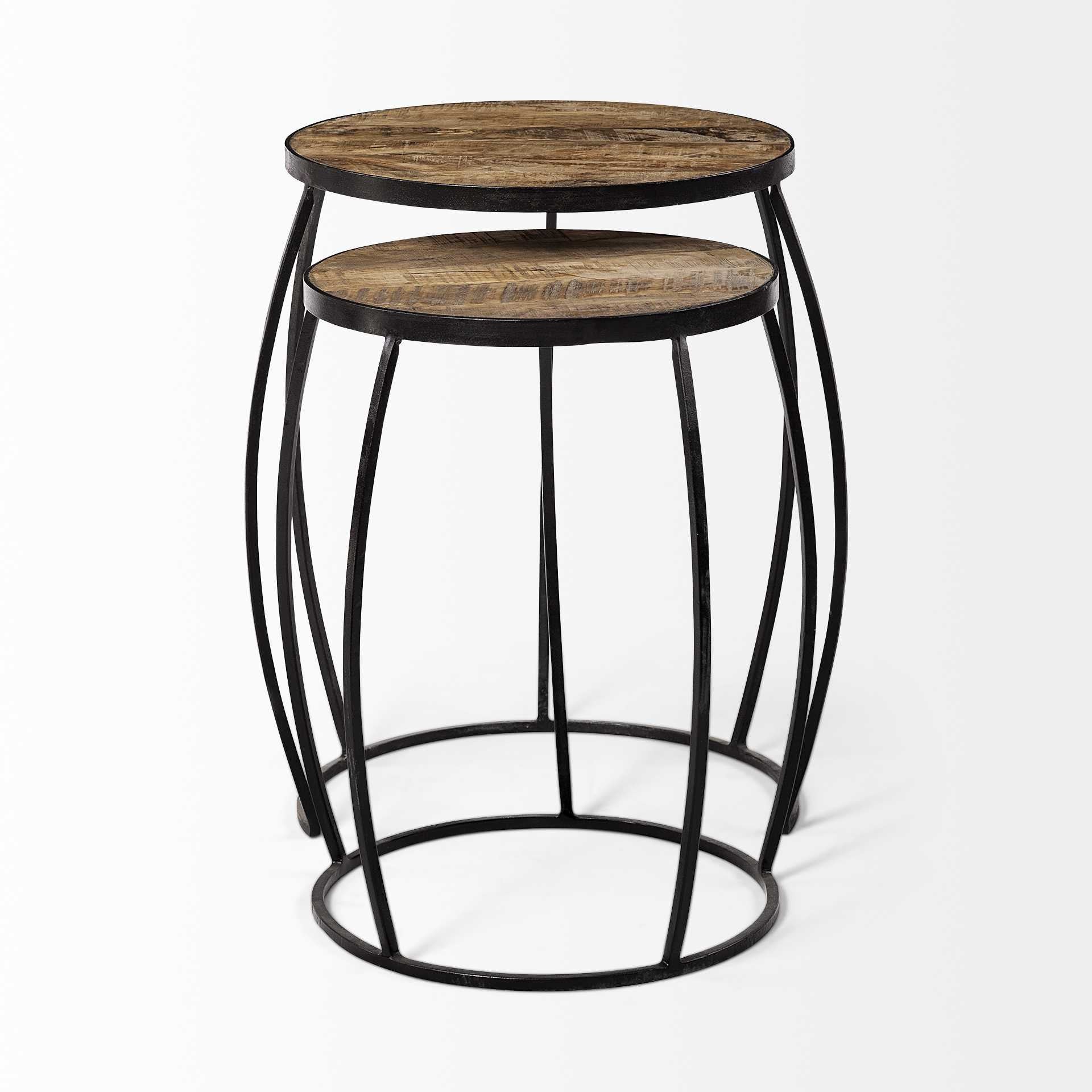 Set of Two 26" Black And Brown Solid Wood Round End Table