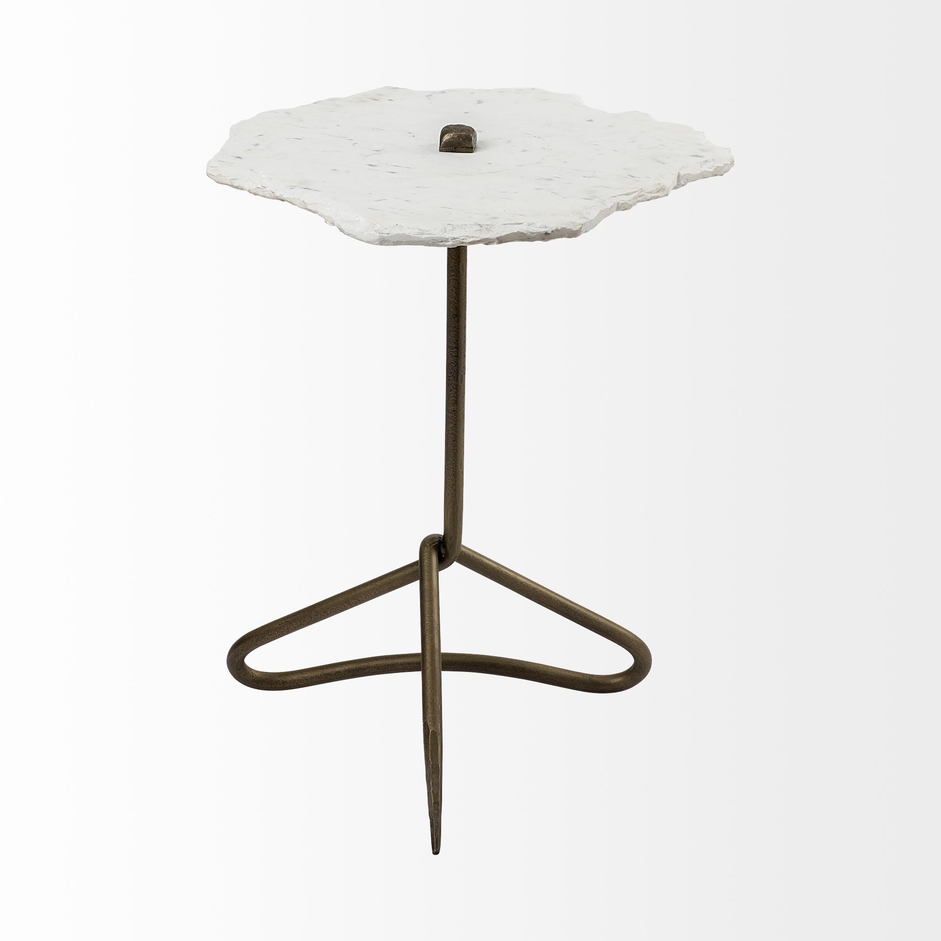 White Marble Top Accent Table With Triangluar Gold Iron Base