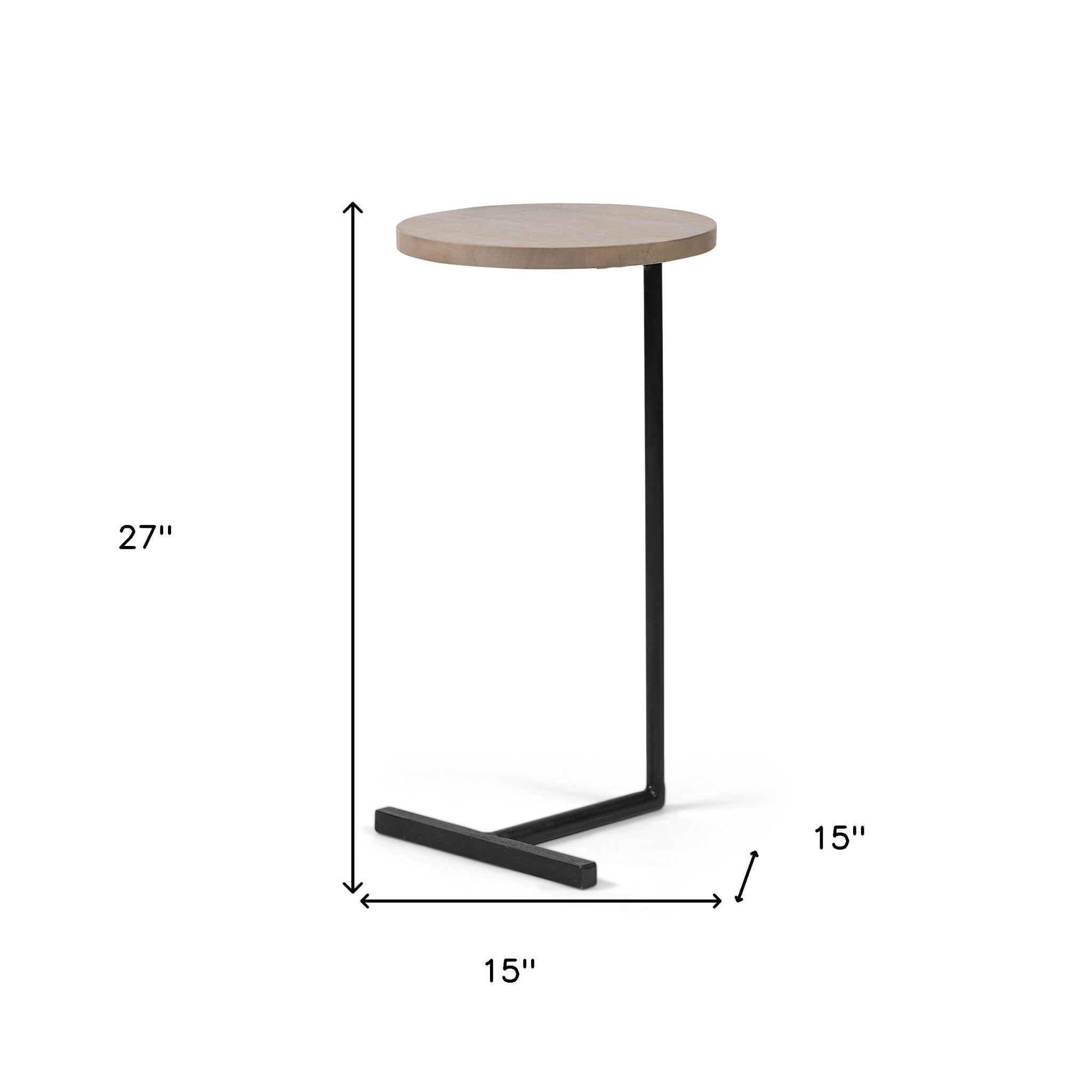 Brown Wood Round Top Accent Table With Black Iron Base