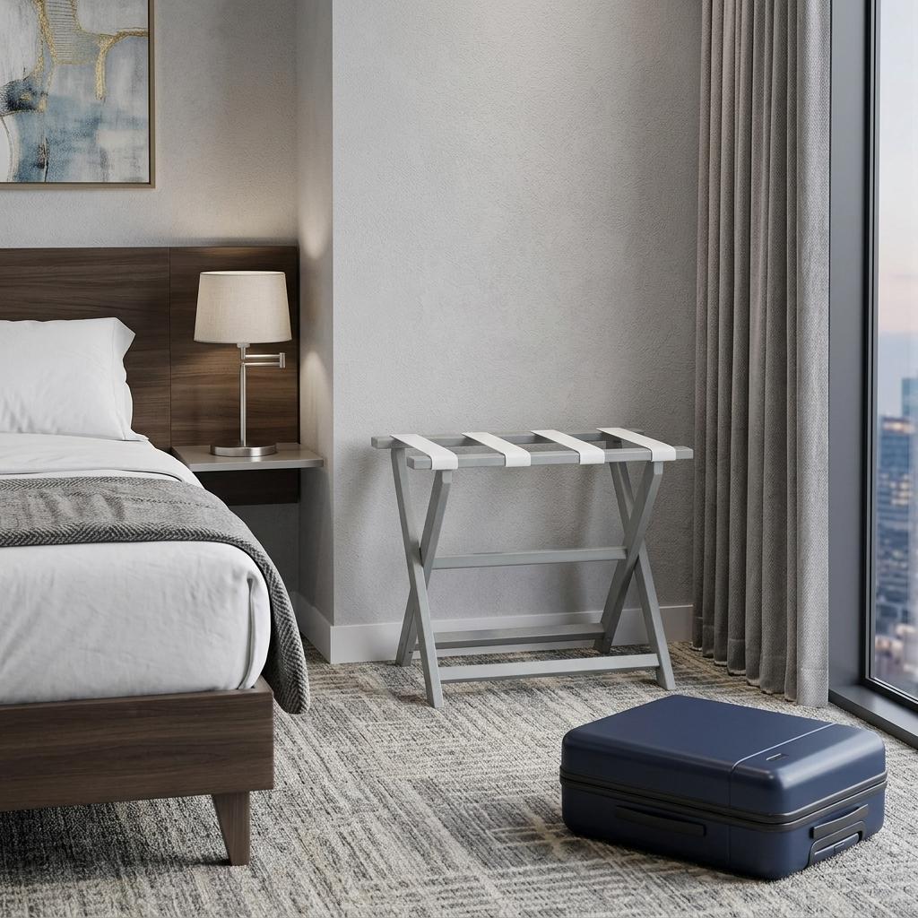 Earth Friendly Light Gray Folding Luggage Rack With White Straps