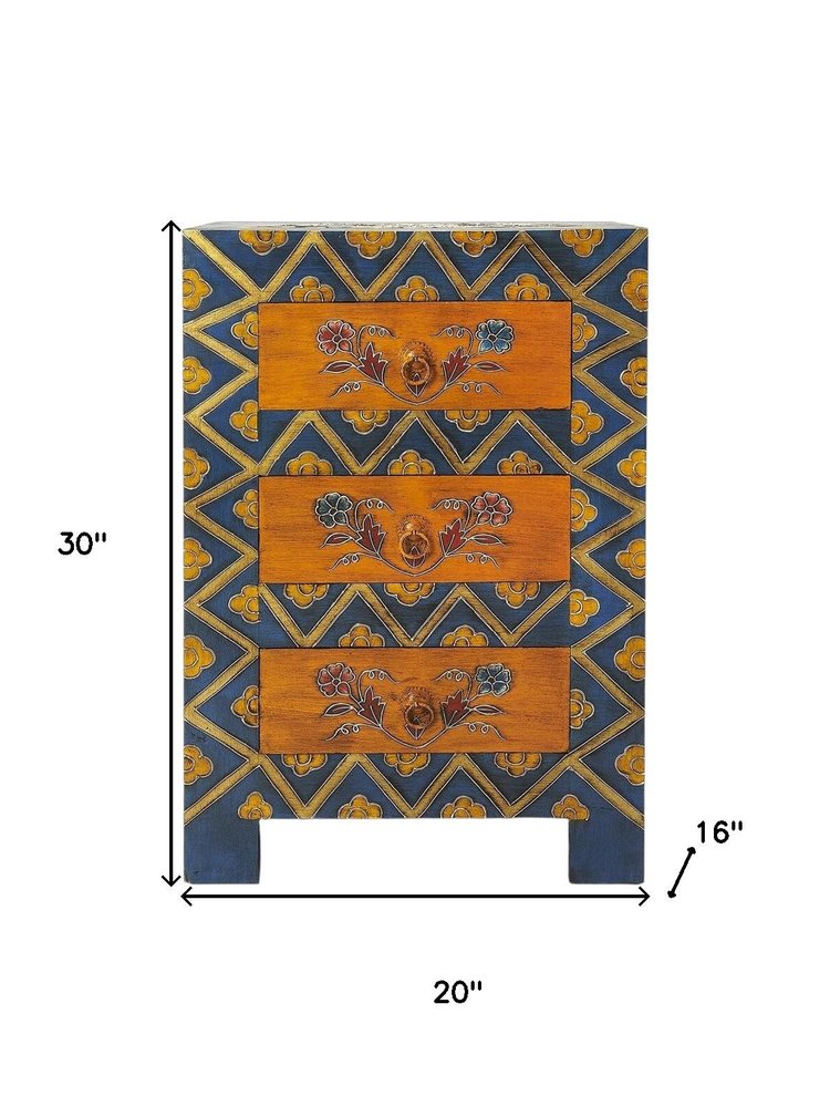 20" Blue and Brown Hand Painted Wood Accent Cabinet With Three Drawers