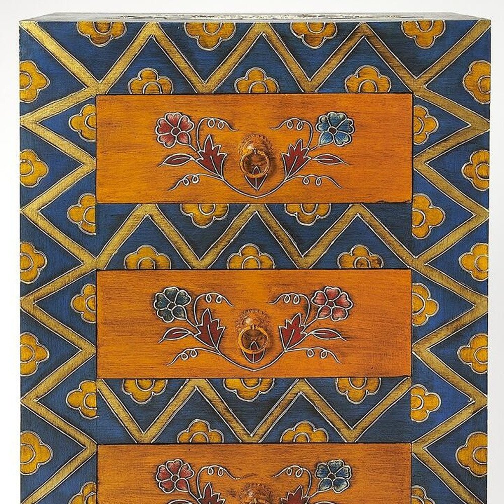 20" Blue and Brown Hand Painted Wood Accent Cabinet With Three Drawers