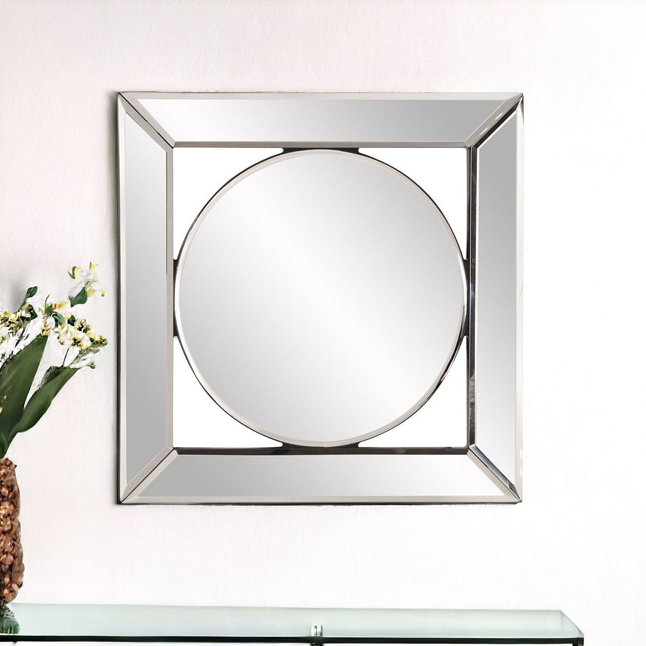 12" Round in Square Glass Framed Accent Mirror