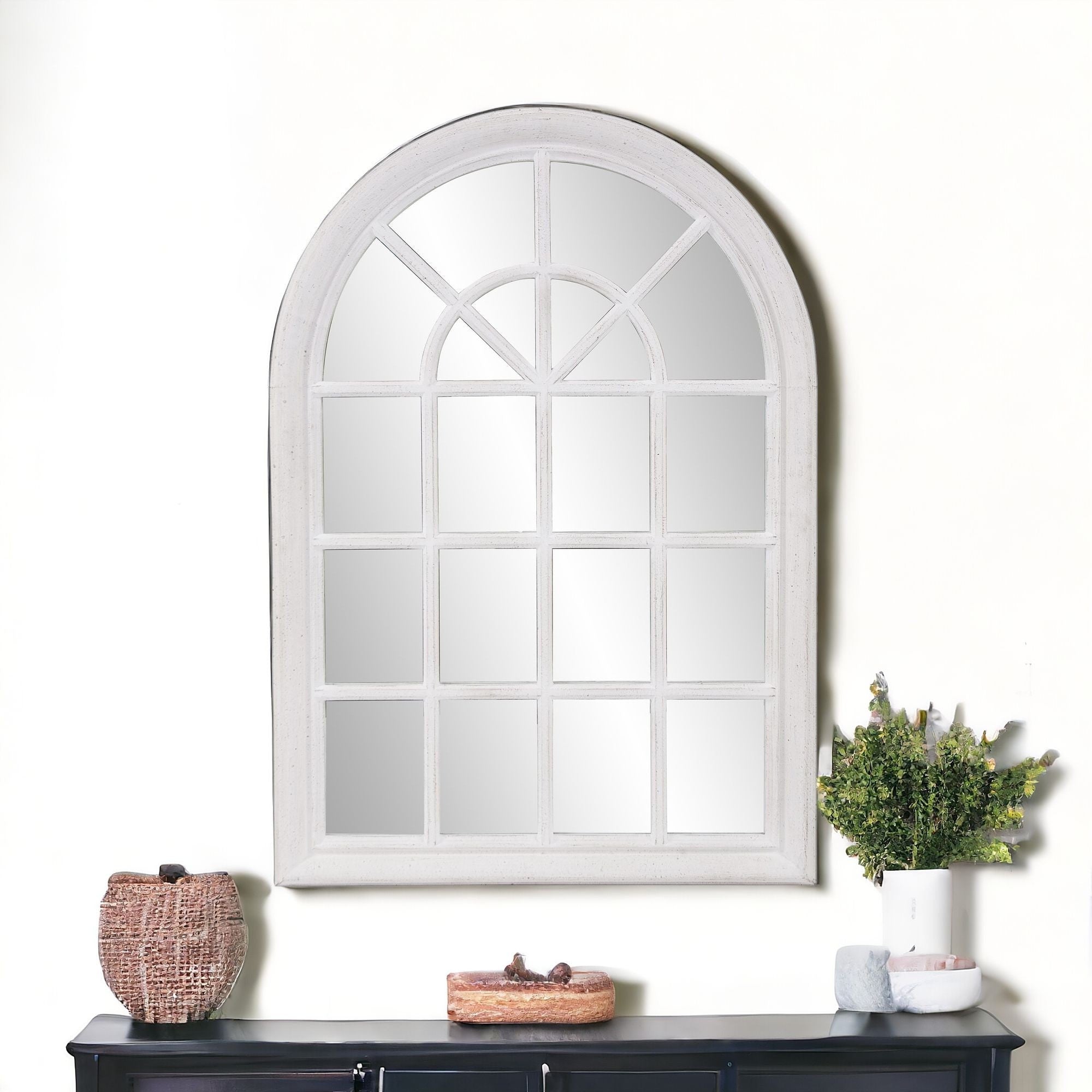 White Washed Mirror With Arched Panel Window Design