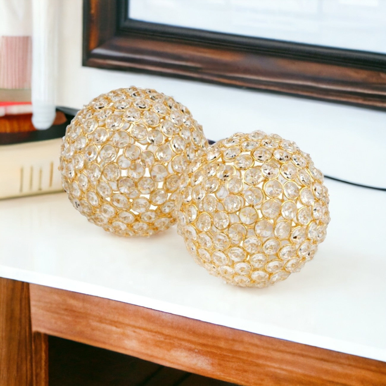 Set Of Two 5" Gold And Faux Crystal Bling Spheres
