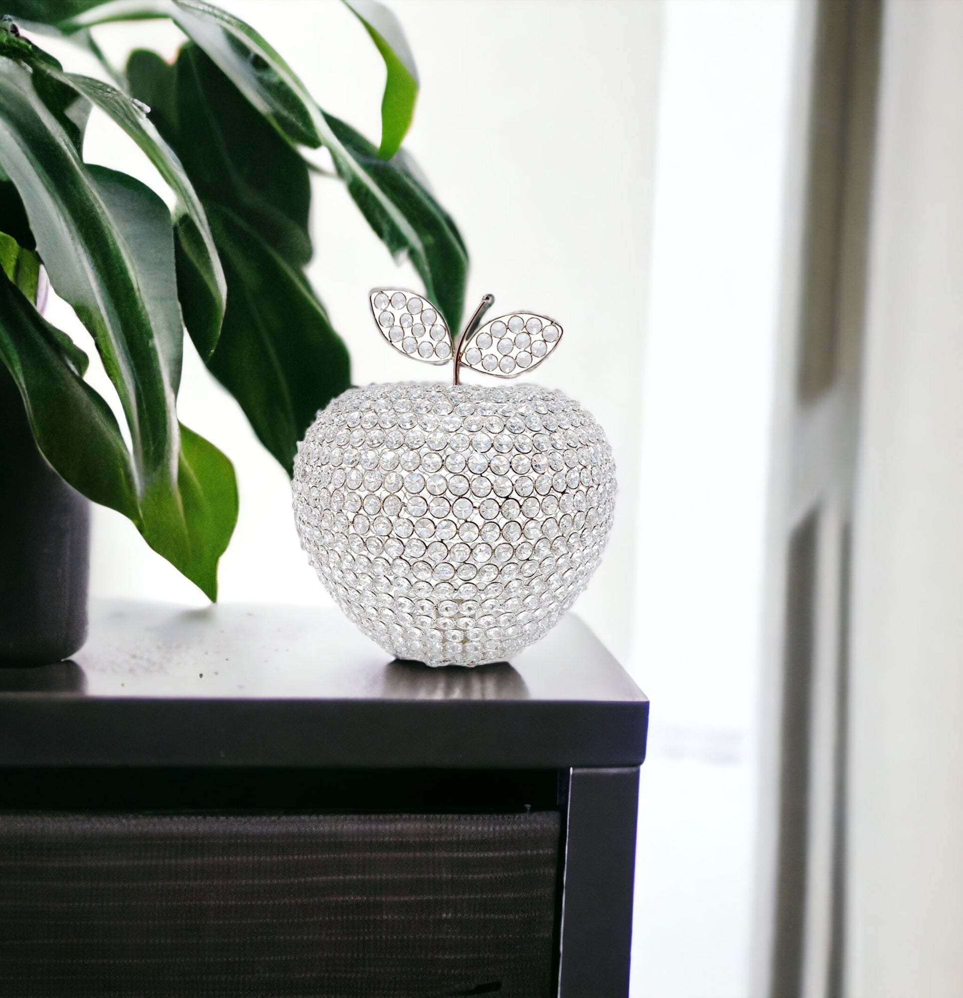 14" Silver Faux Crystal Apple Sculpture