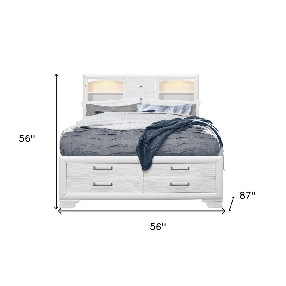 White Solid Wood Lighted Full Bed Frame With Drawers