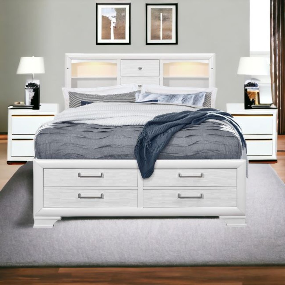 White Solid Wood Lighted Full Bed Frame With Drawers