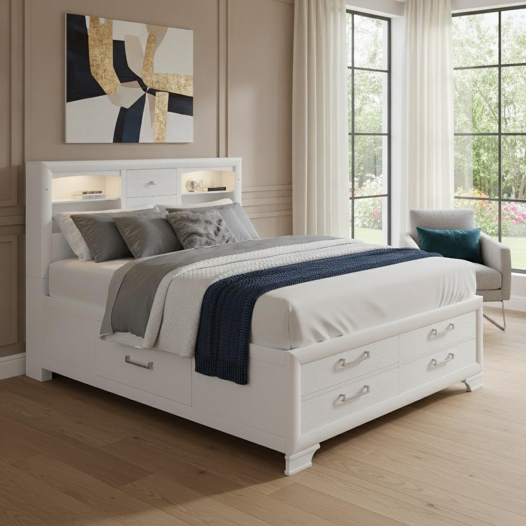 Solid Wood Queen White Eight Drawers Bed