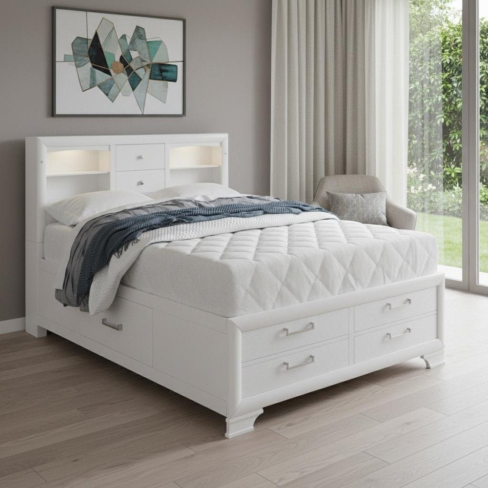 Solid Wood Queen White Eight Drawers Bed