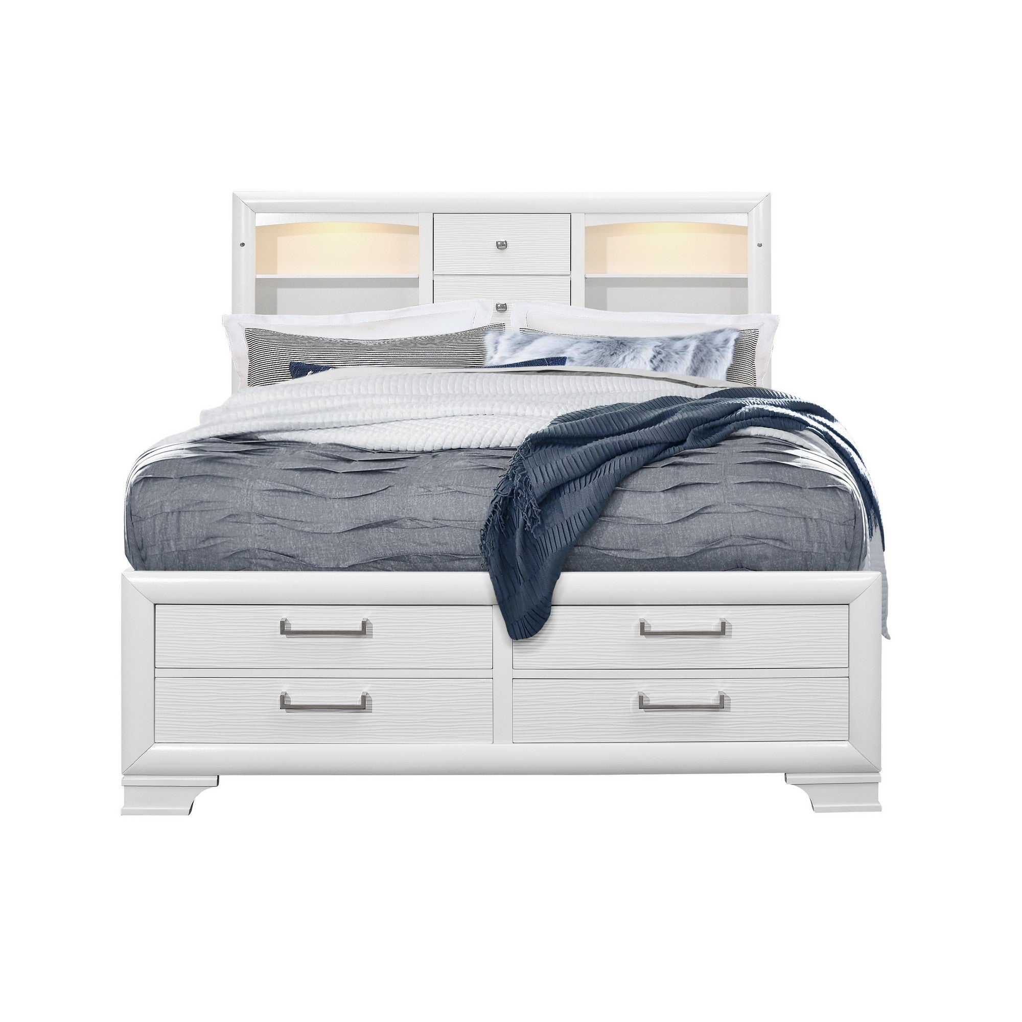 White Solid Wood Lighted King Bed Frame With Drawers