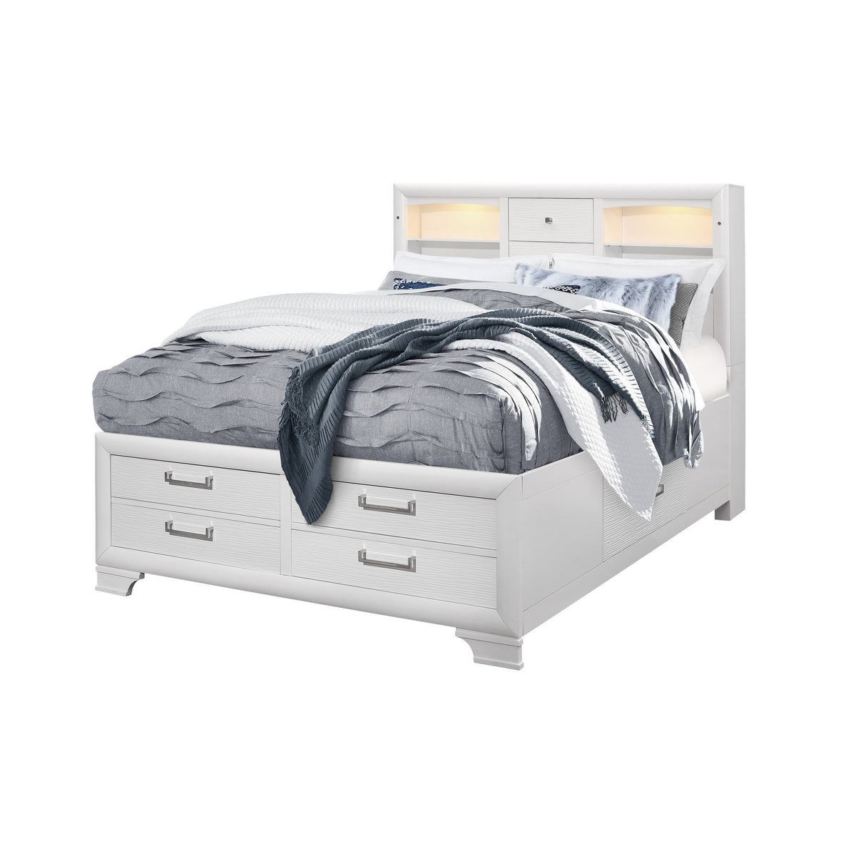 White Solid Wood Lighted King Bed Frame With Drawers