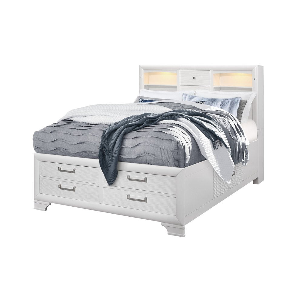 White Solid Wood Lighted King Bed Frame With Drawers