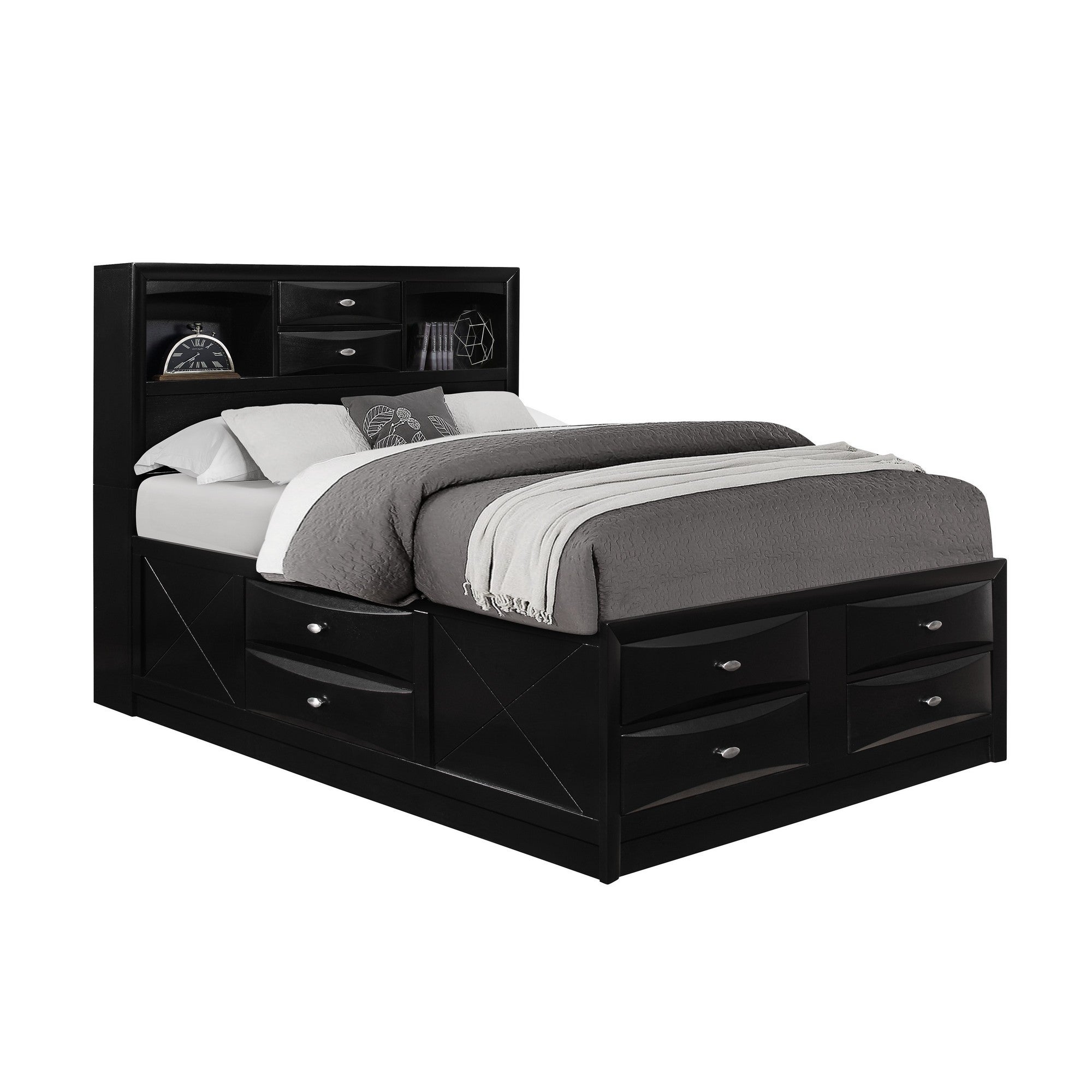 Solid Wood Queen Black Eight Drawers Bed