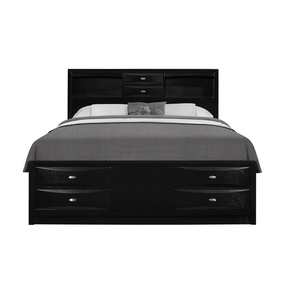Black Carved Abstract Solid Wood King Bed Frame With Drawers