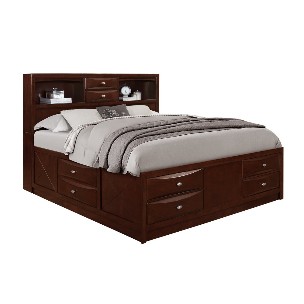 Merlot Solid Wood Queen Bed Frame With Eight Drawers