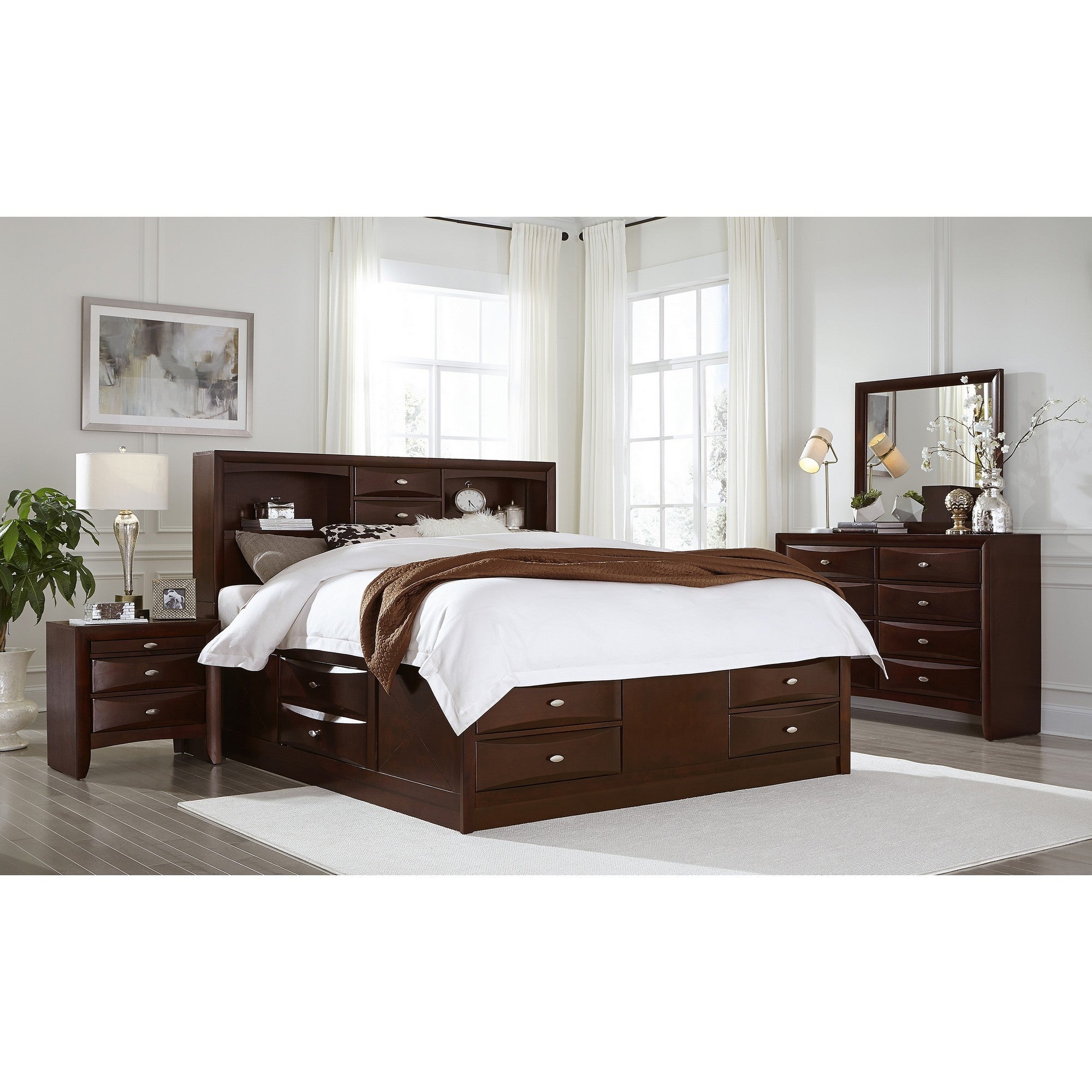 Solid Wood Queen Merlot Eight Drawers Bed