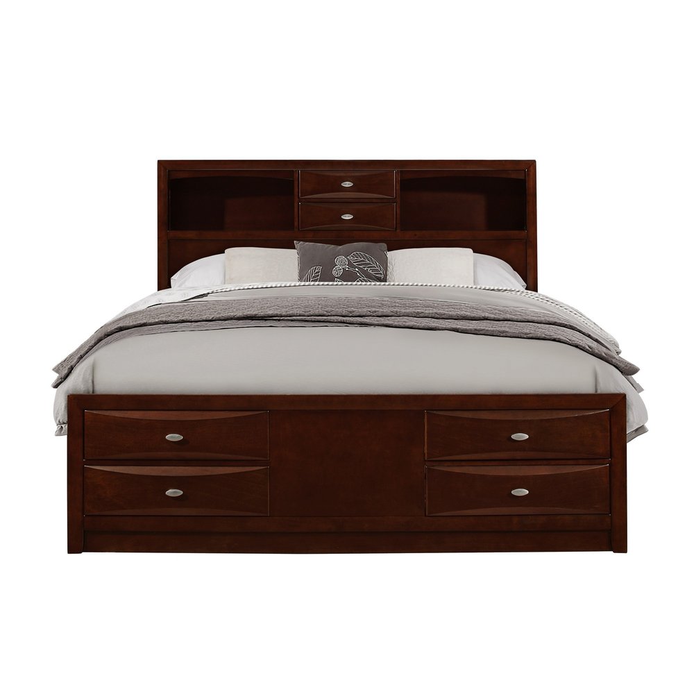 Merlot Solid Wood Queen Bed Frame With Eight Drawers