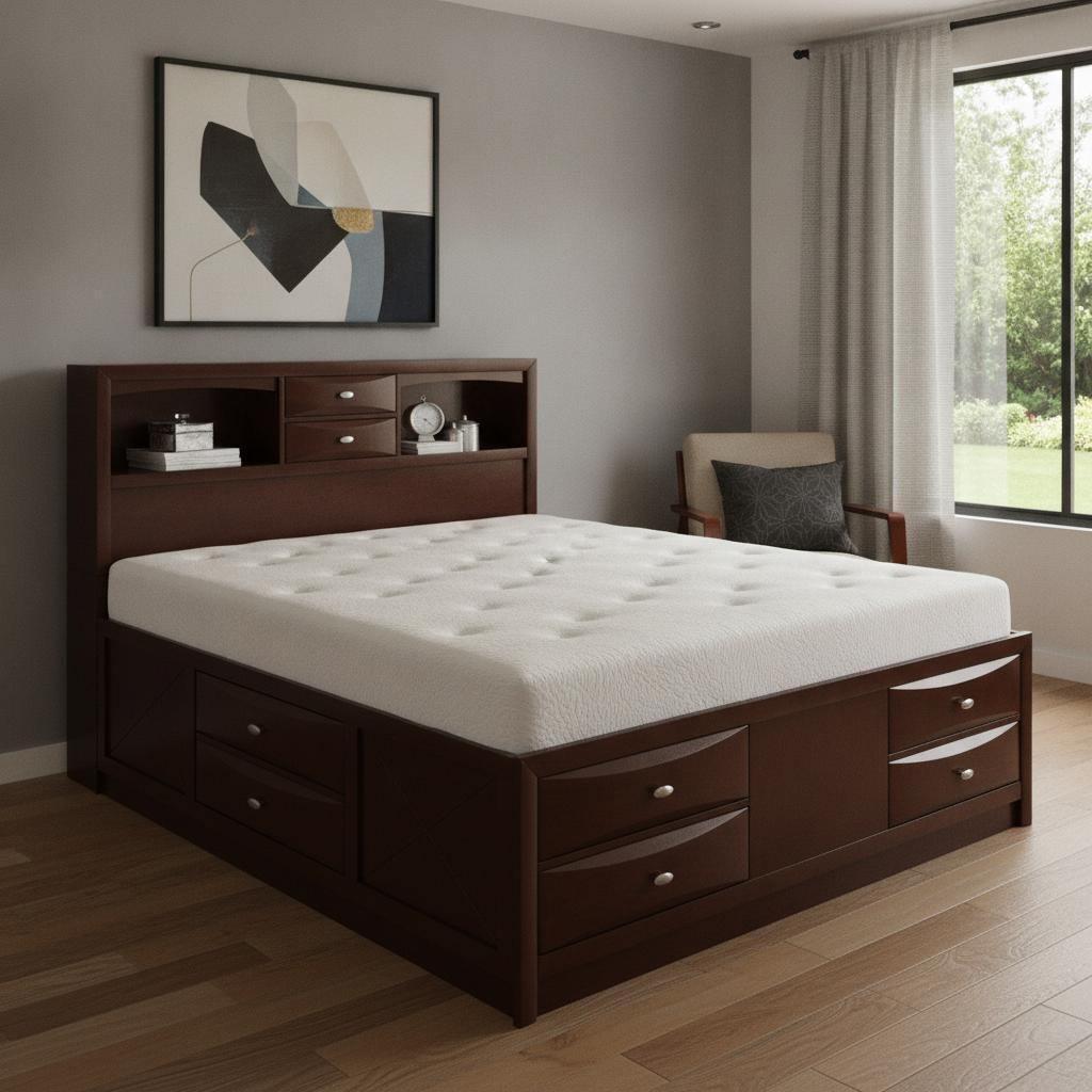 Merlot Solid Wood Queen Bed Frame With Eight Drawers