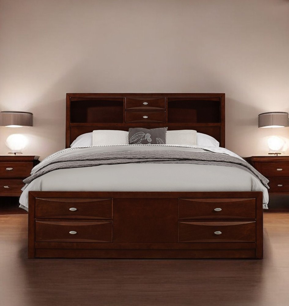 Merlot Solid Wood Queen Bed Frame With Eight Drawers