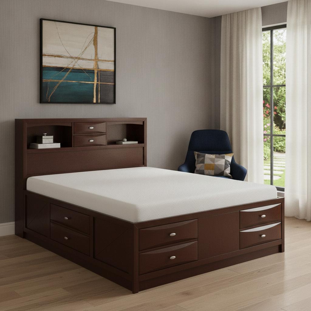 Merlot Solid Wood King Bed Frame With Eight Drawers