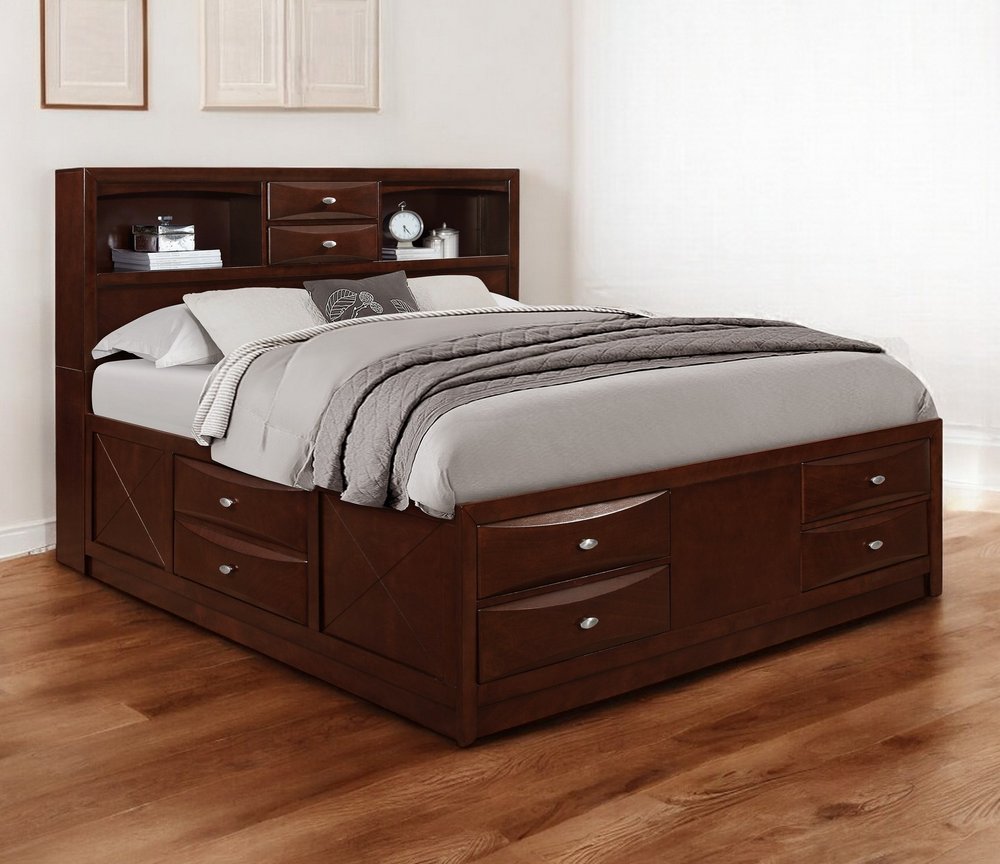 Merlot Solid Wood King Bed Frame With Eight Drawers