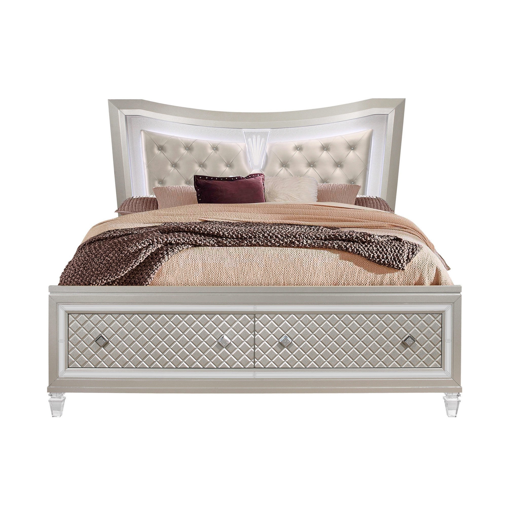 Champagne Tone Queen Bed With Padded Headboard  Led Lightning  2 Drawer