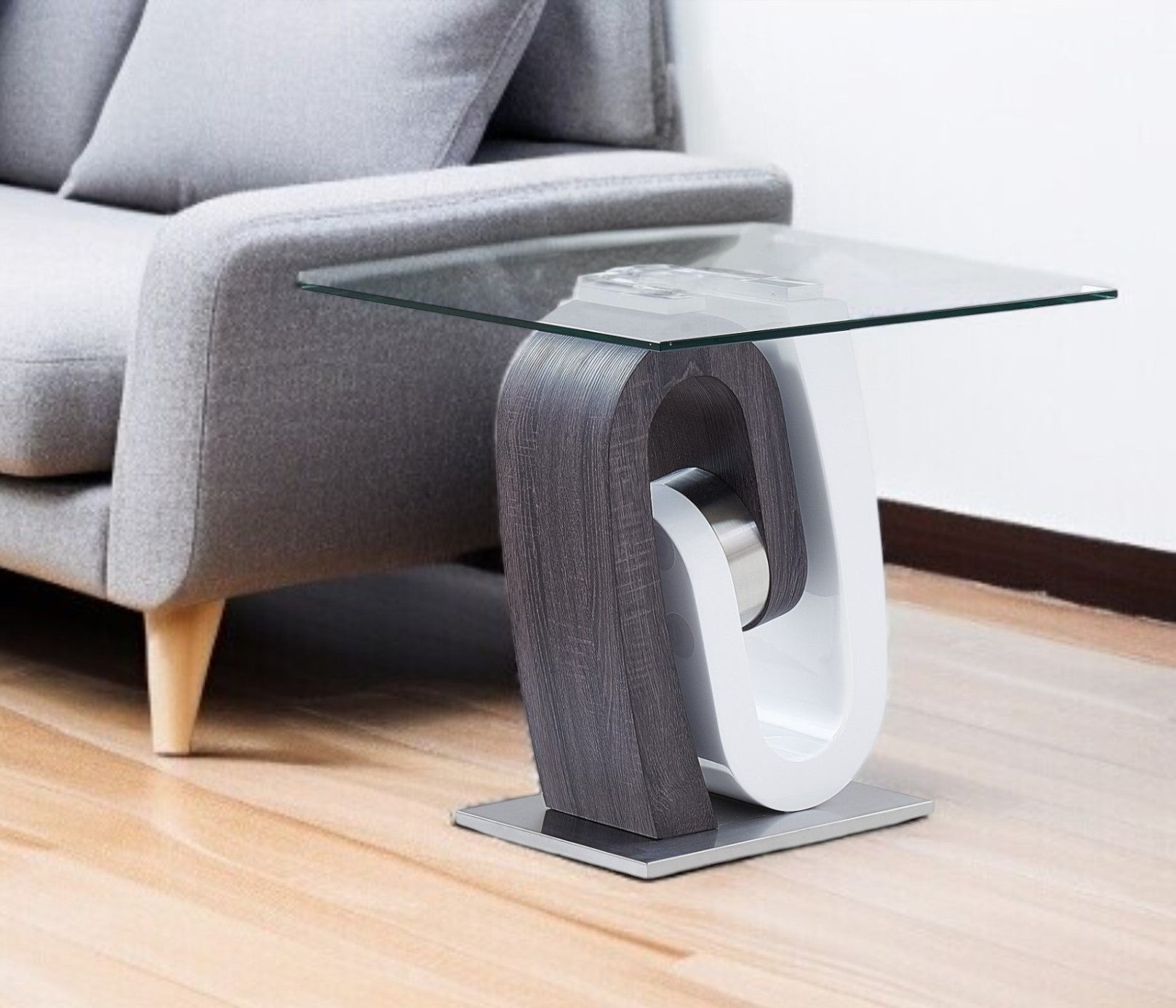 23" White Gray And Clear Glass and Wood Square Pedestal End Table