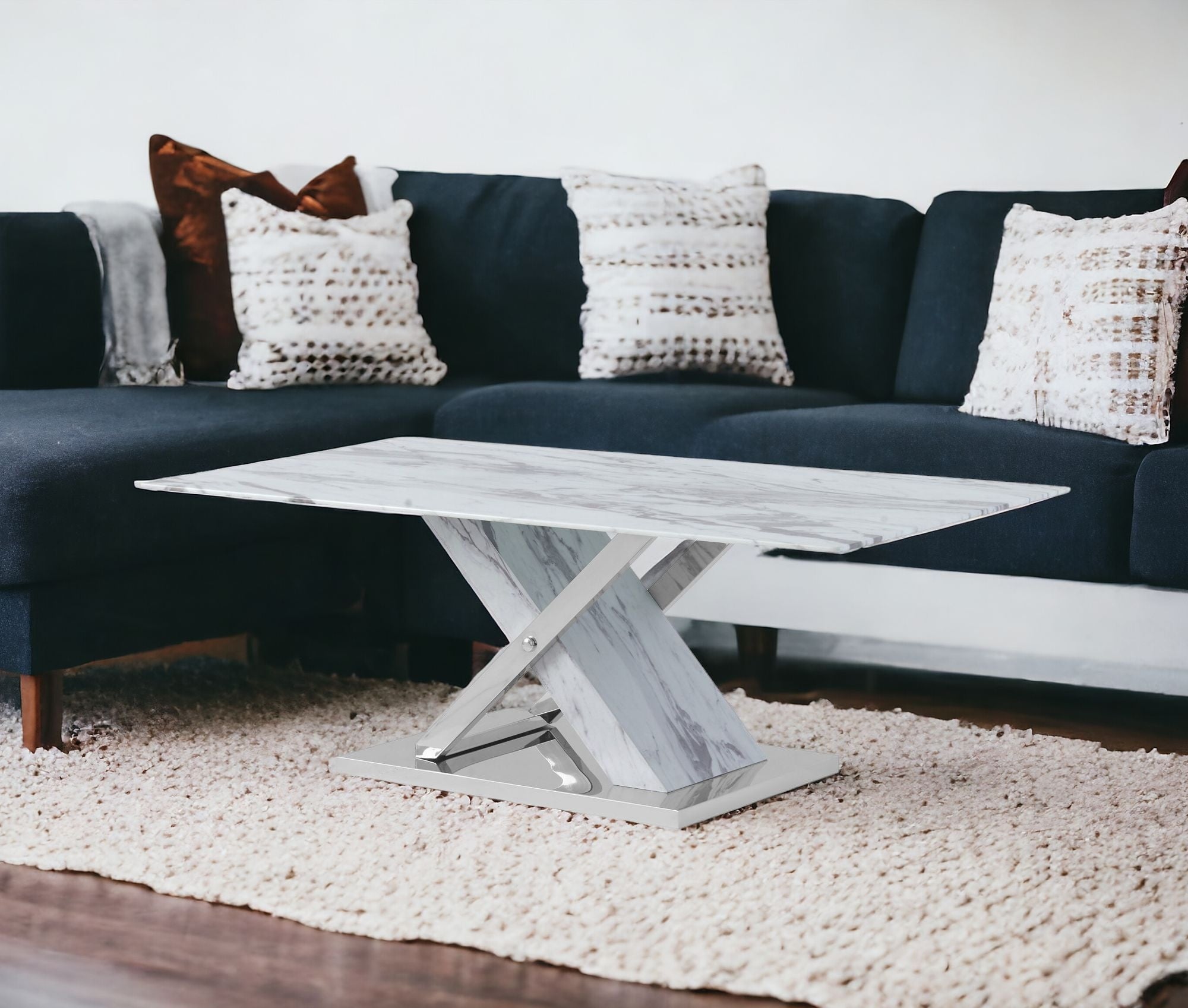 47" White And Gray Glass And Steel Coffee Table