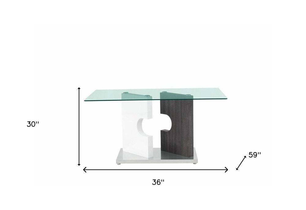 36" Clear And Gray Glass And Stainless Steel Double Pedestal Base Dining Table