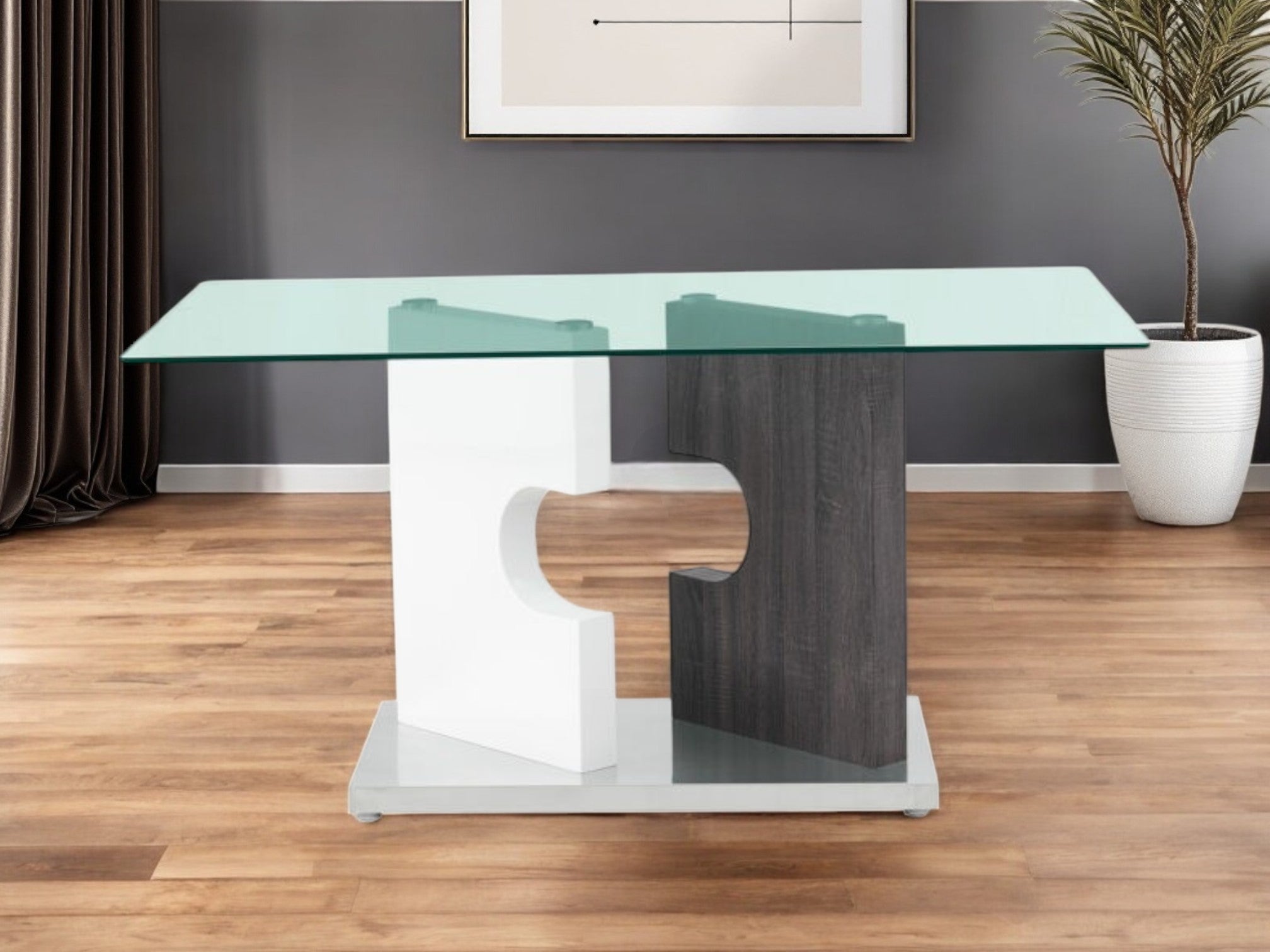 36" Clear And Gray Glass And Stainless Steel Double Pedestal Base Dining Table